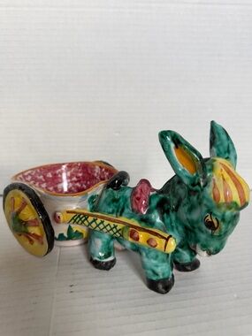 Vintage Italian Hand Painted Clay Pottery Donkey Cart Planter Bowl Decor Art